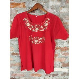 Womens Red Embroidered Shirt Top Sz 38 8 Gold A